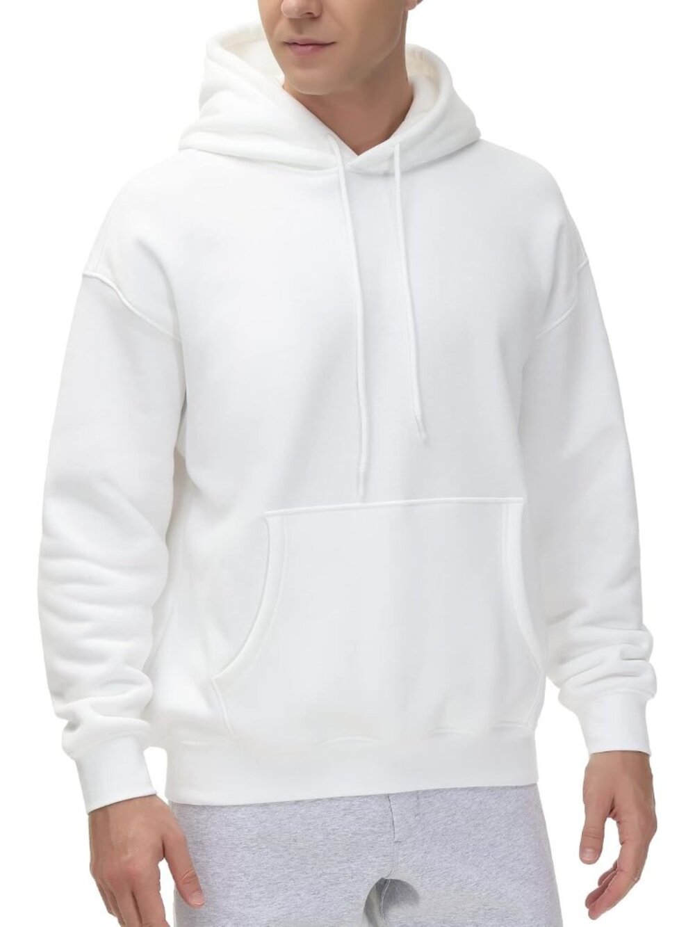 Men's White Fleece Lining Pullover Loose Fit Drawstring Hooded Sweatshirts